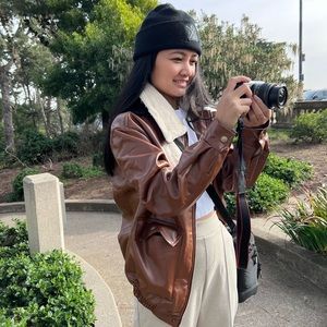 JENNIFER shearling aviator moto jacket - Chocolate